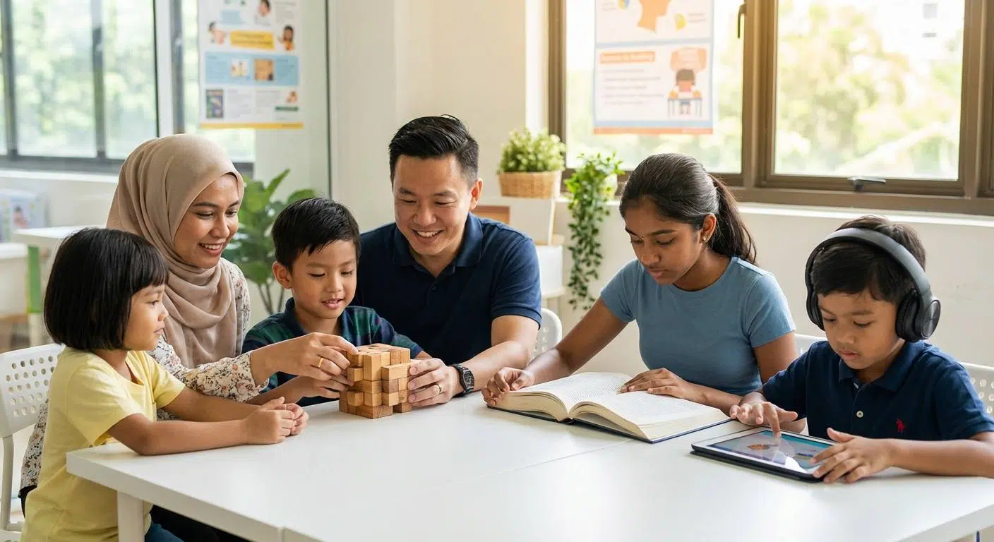 Unlock Your Brain’s Full Potential Today 3 Children and adults engaging happily in brain training activities like puzzles, memory games, and reading, illustrating the #Memohack program and daily cognitive exercises.