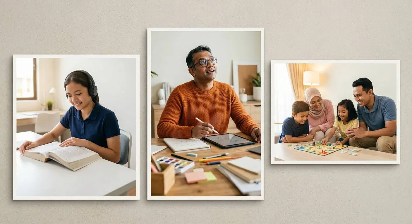 Unlock Your Brain’s Full Potential Today 4 A collage of success stories showing a confident student studying calmly, an adult being productive creatively, and a happy family supporting children, representing transformations through brain training.