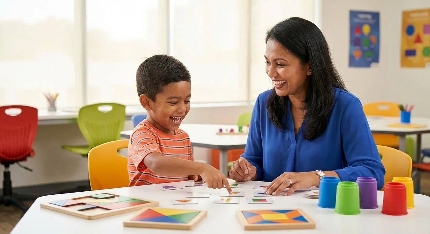 Boost Your Memory and Focus Today 2 A vibrant scene showing a child and adult interacting with various brain-training activities such as puzzles, memory games, and attention tasks in a colorful, playful environment.