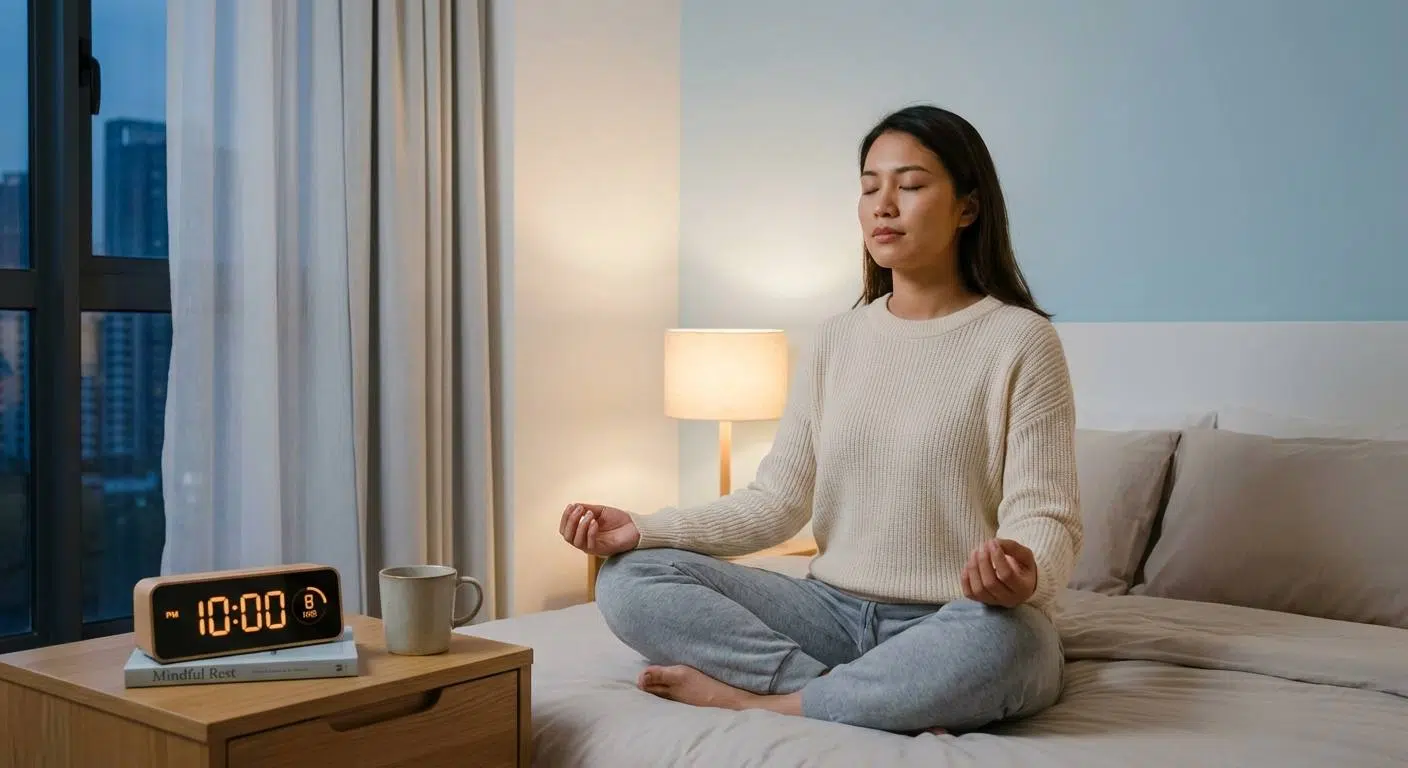 Boost Your Memory and Focus Today 3 A calming bedroom or meditation setting depicting restful sleep and mindfulness practices, such as someone doing focused breathing exercises and a clock showing a healthy sleep schedule.