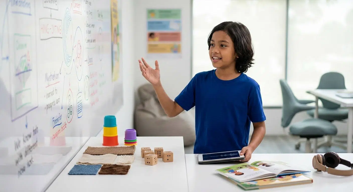 Boost Your Memory and Focus Today 4 A creative learning environment where a child uses multiple senses to study: drawing diagrams, speaking aloud, using gestures, and organizing information spatially, with visual cues representing sound, touch, and sight.