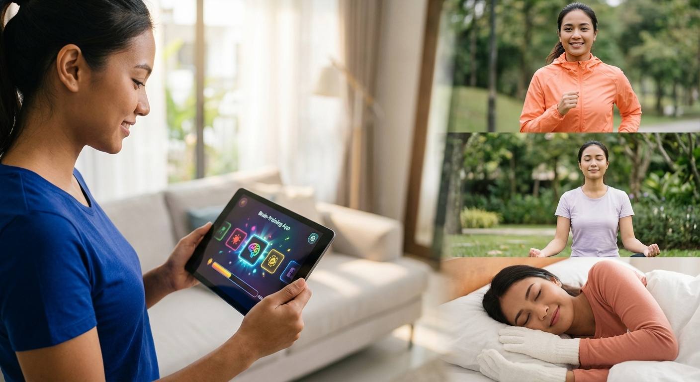 A comparison image showing flashy brain training apps versus healthy lifestyle habits like sleep, exercise, and stress management as foundations for memory improvement.