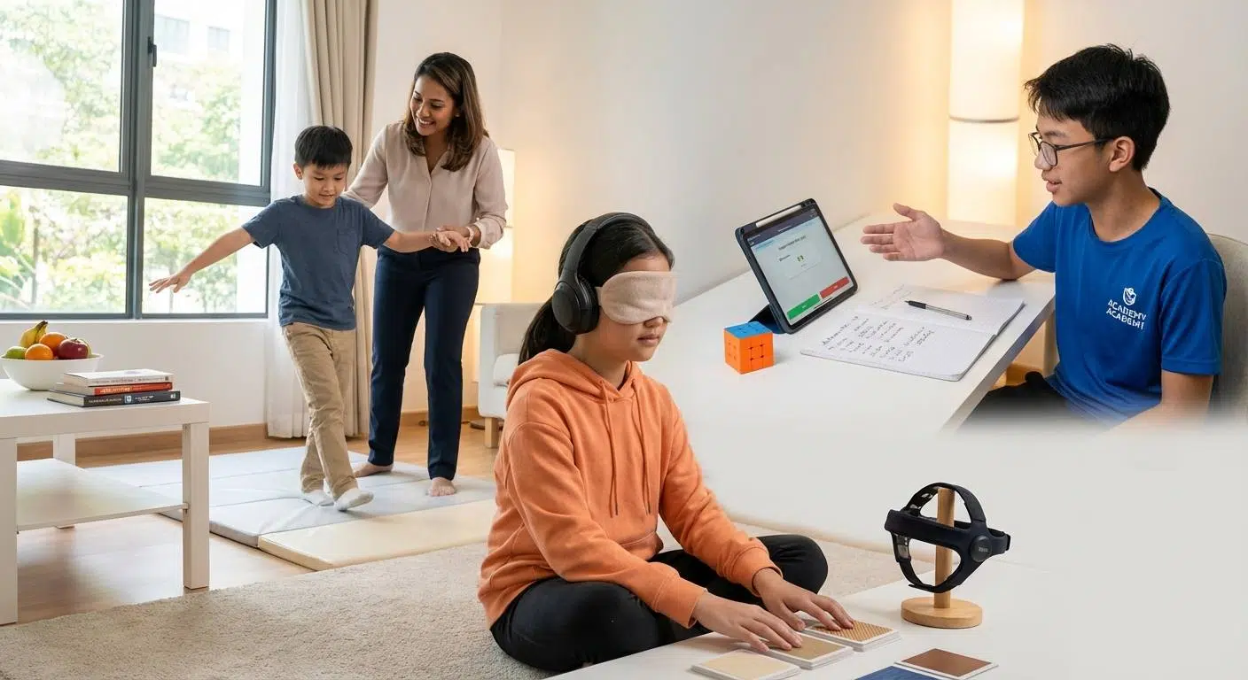 Unlocking Your Child’s Memory Potential 3 Visual representation of the three pillars of memory mastery: nourishing lifestyle habits (sleep, exercise, stress management), cognitive techniques (mnemonics, spaced repetition), and targeted brain training programs combining multi-sensory learning and executive function development.