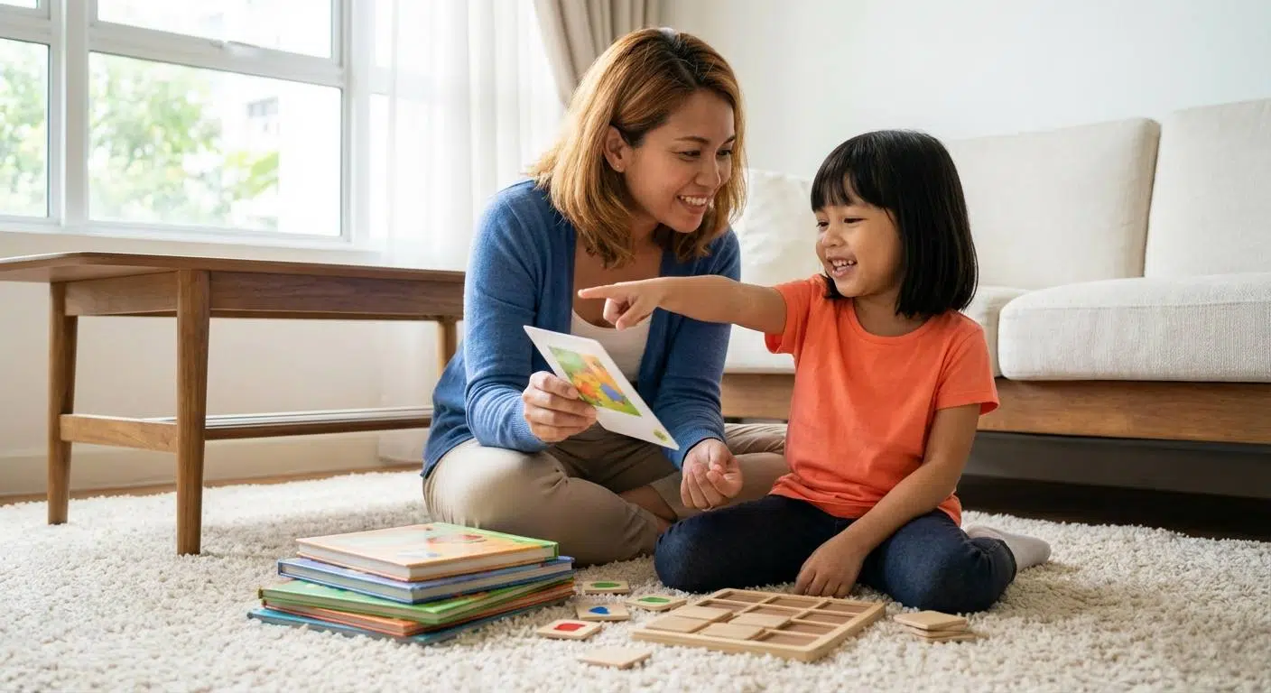 Unlocking Your Child’s Memory Potential 4 Scene depicting a parent and child engaging in simple memory-boosting activities together, such as storytelling recall, memory chunk games, and daily novelty challenges, emphasizing family bonding and active learning.