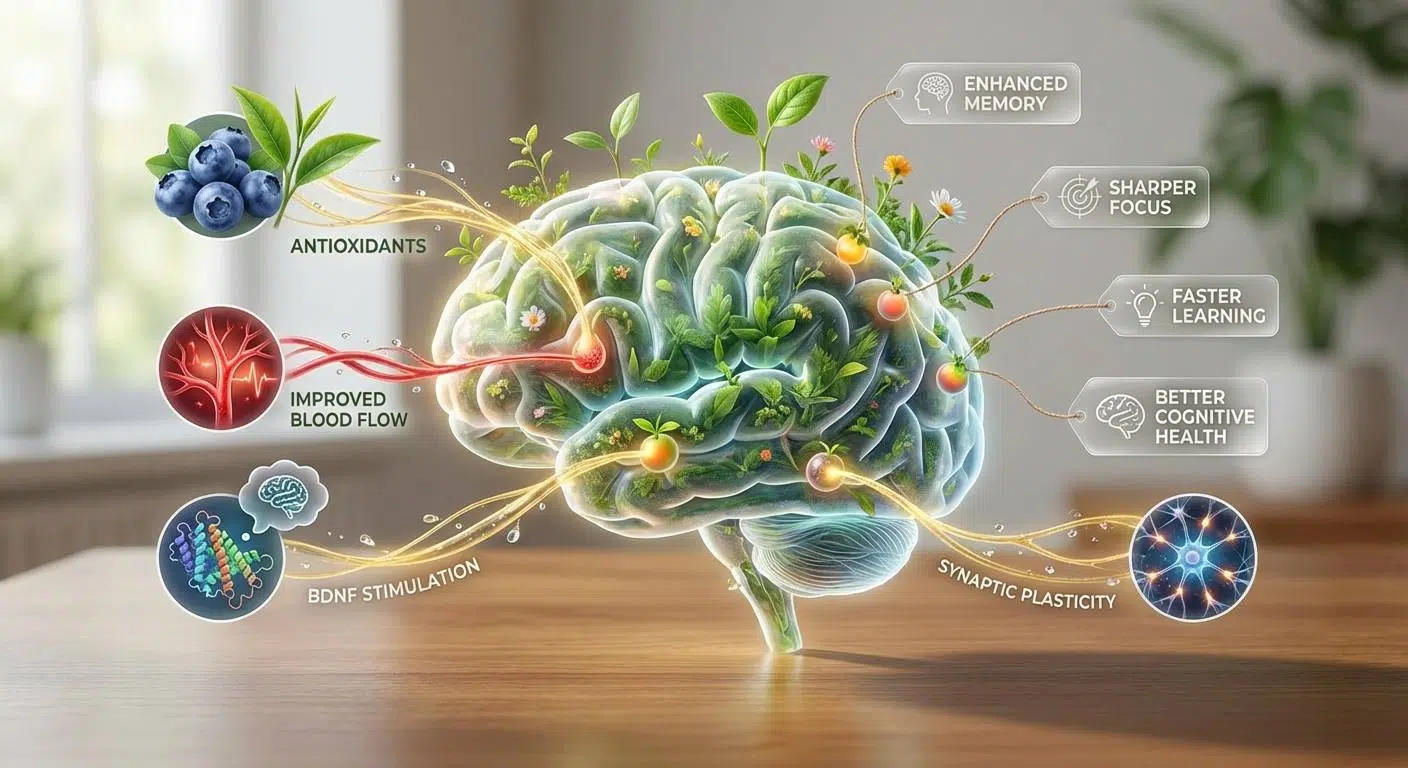 Fruits That Boost Brain Power Naturally 1 Brain depicted as a garden nourished by antioxidants and nutrients from fruits