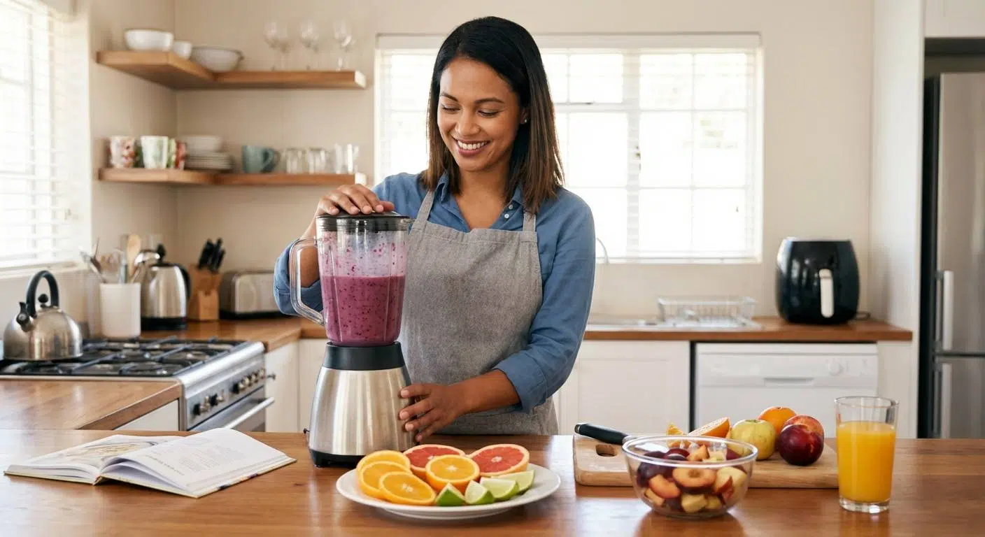 Fruits That Boost Brain Power Naturally 3 Someone preparing brain-boosting fruit recipes like smoothies and salads in a cozy kitchen