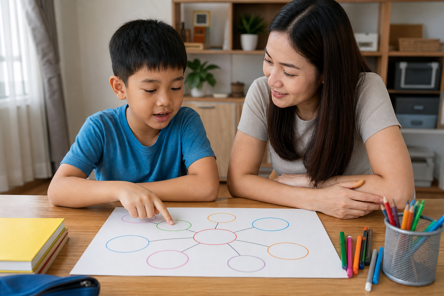 child explaining a recall map with parent support