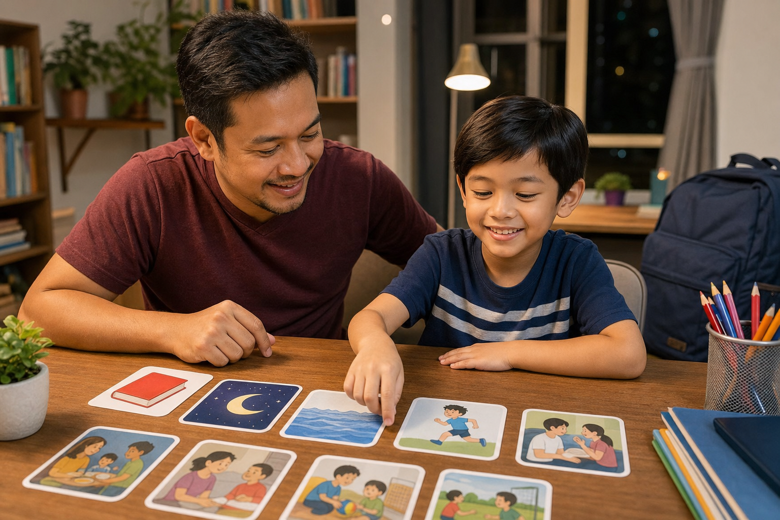Father and child practising evening recall with picture cards