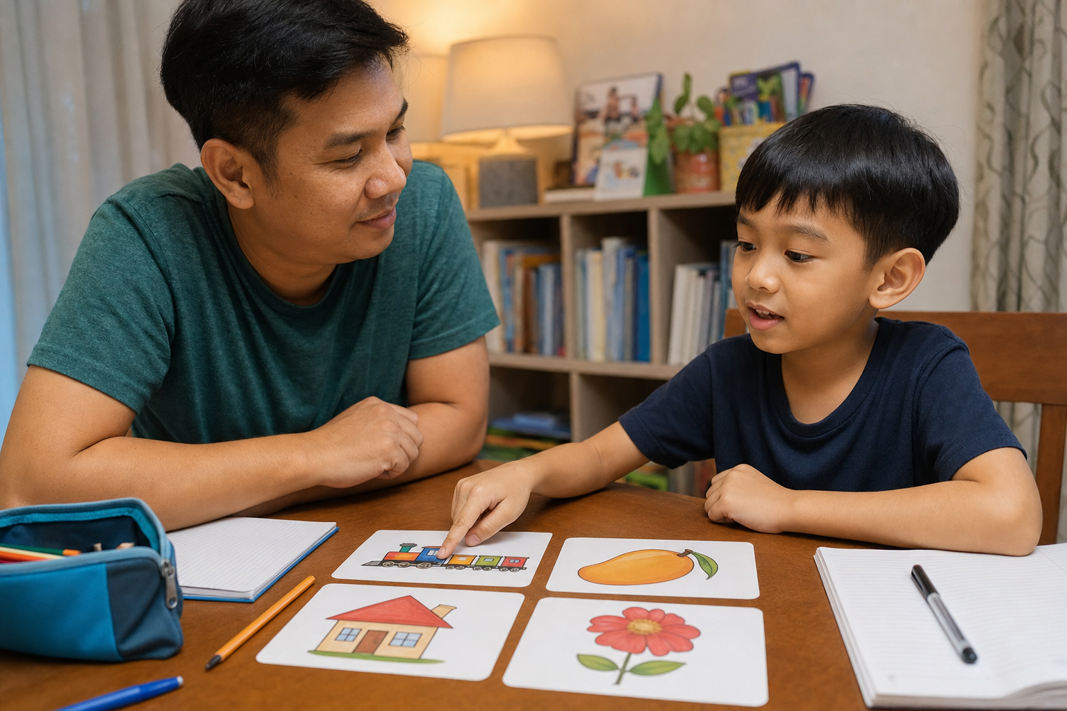 Child explaining a picture-card story to parent