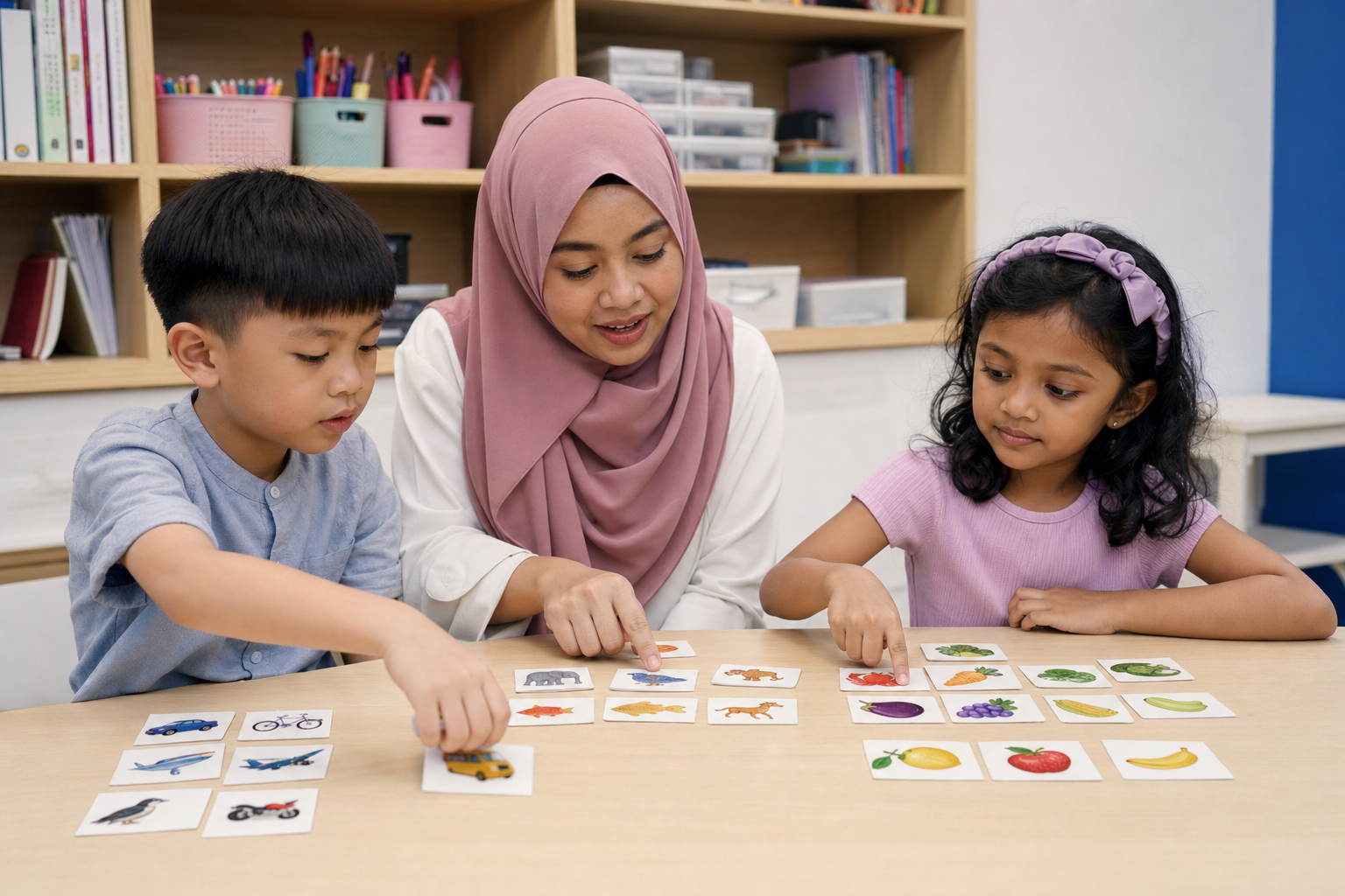 Children grouping picture cards for memory recall practice