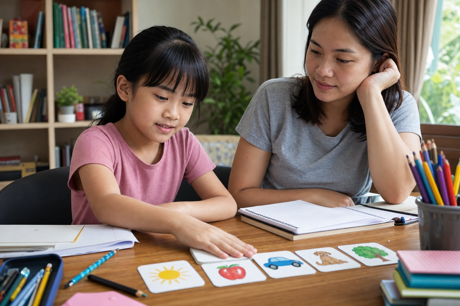 Parent guiding look cover recall check practice