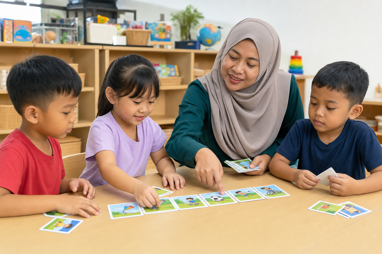 Teacher leading active recall with sequencing picture cards