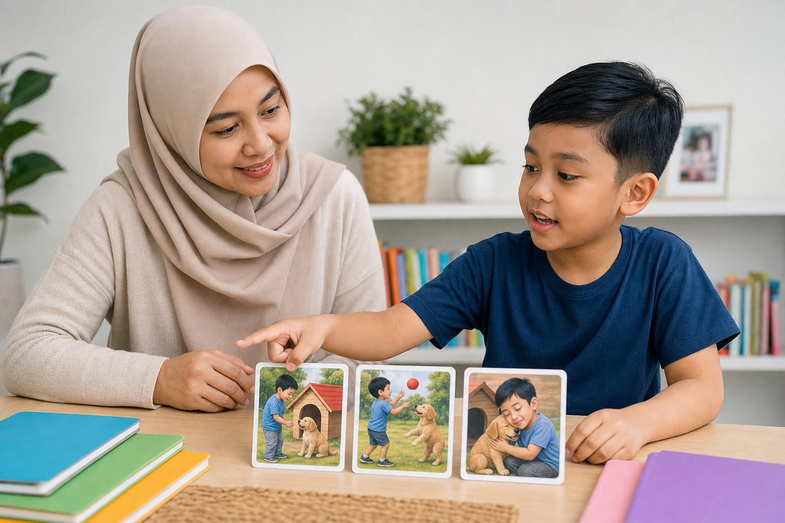 Child explaining a picture story sequence to a parent