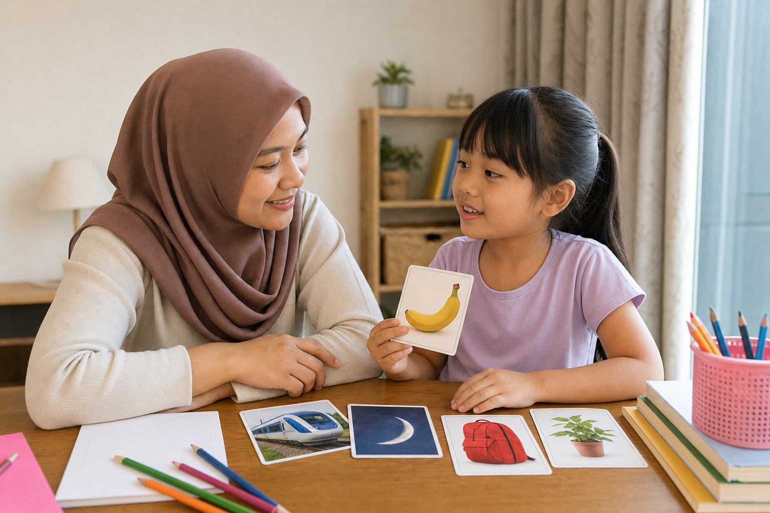 Malaysian parent and child practising bilingual vocabulary recall