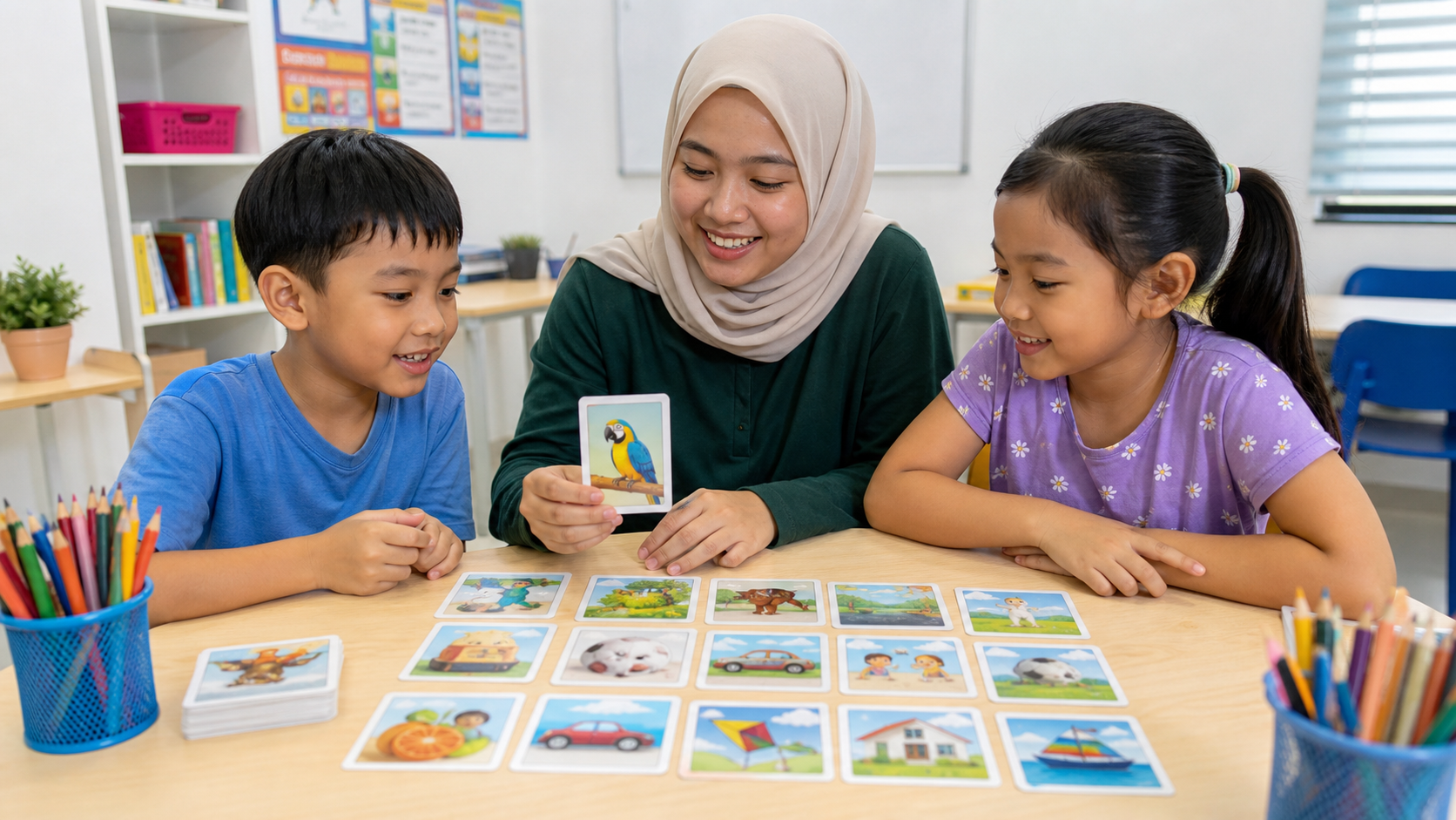 Improve Mind Power: 7 Positive Habits for Malaysian Kids 2 Malaysian children building a picture-card story for memory training