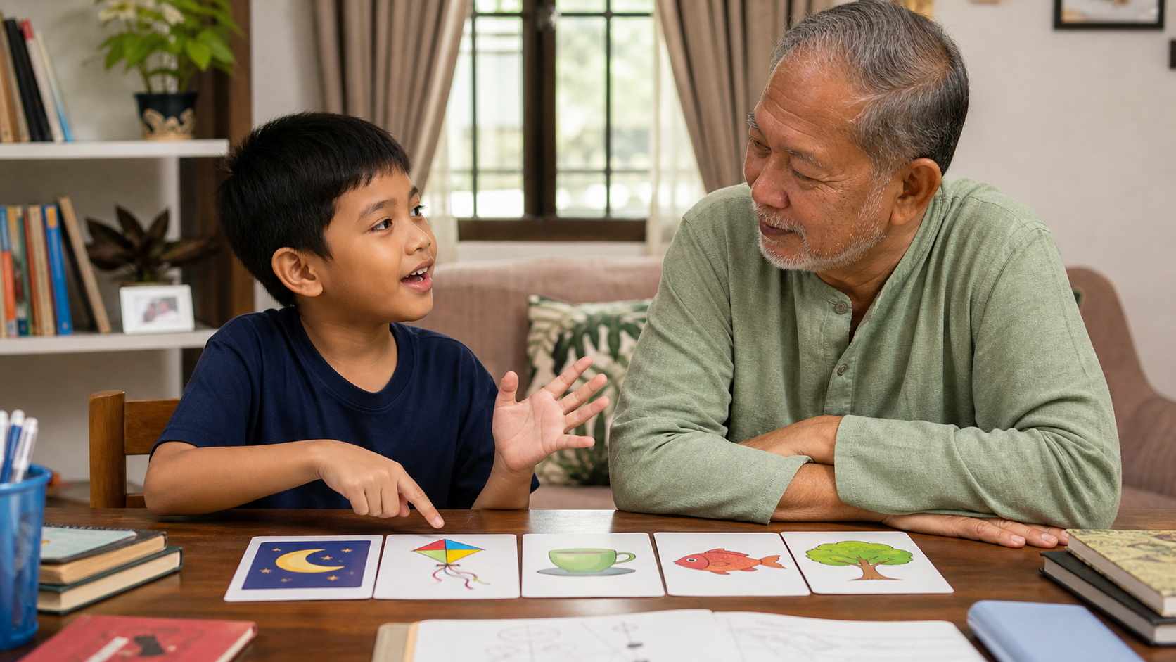 Improve Mind Power: 7 Positive Habits for Malaysian Kids 4 Malaysian child explaining picture cards to a grandparent