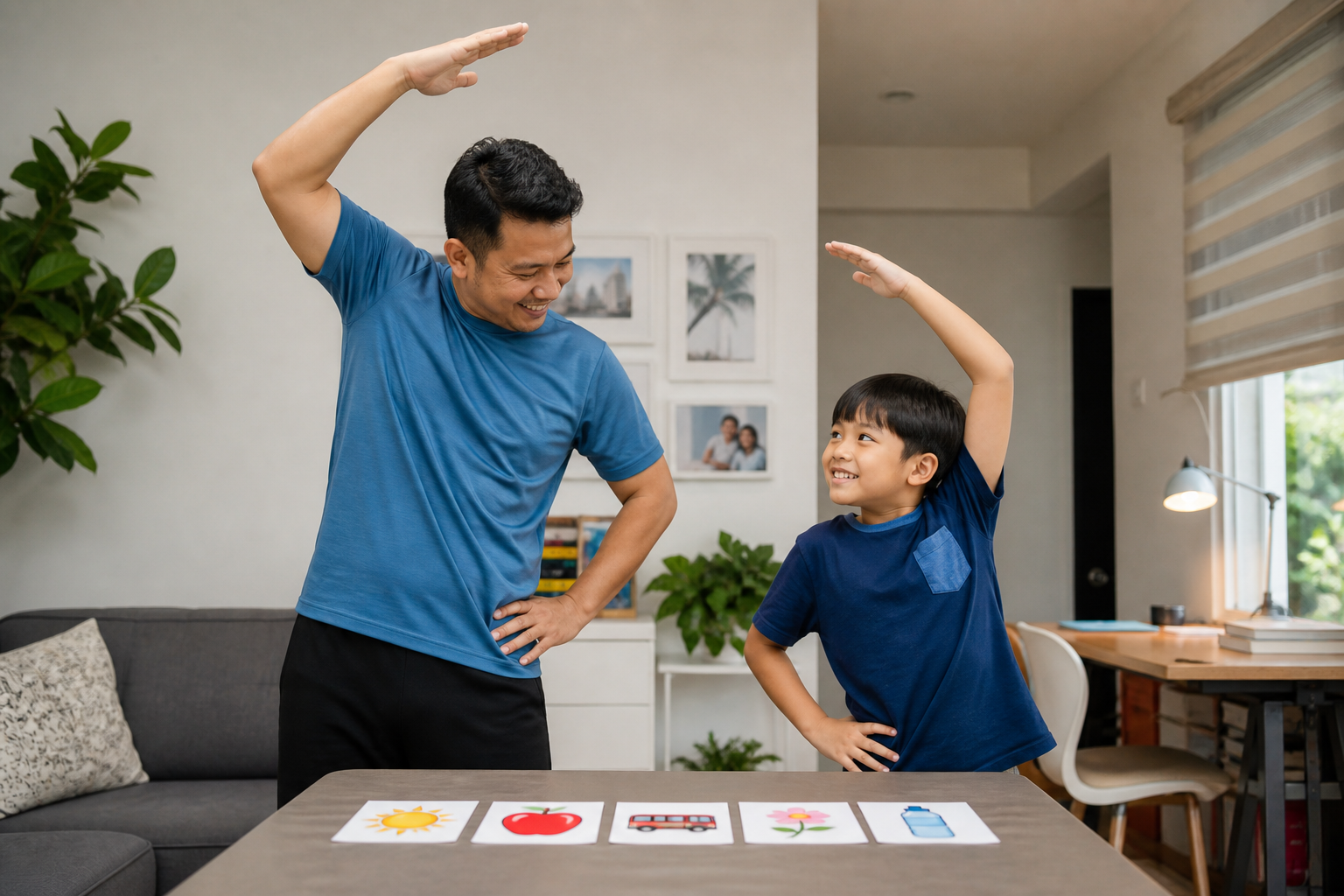 Mind Improvement: 7 Calm Practices for School Nights 3 parent and child doing a short attention reset before picture card recall