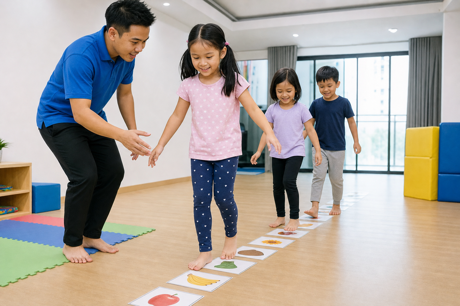 children stepping through a picture-card memory path