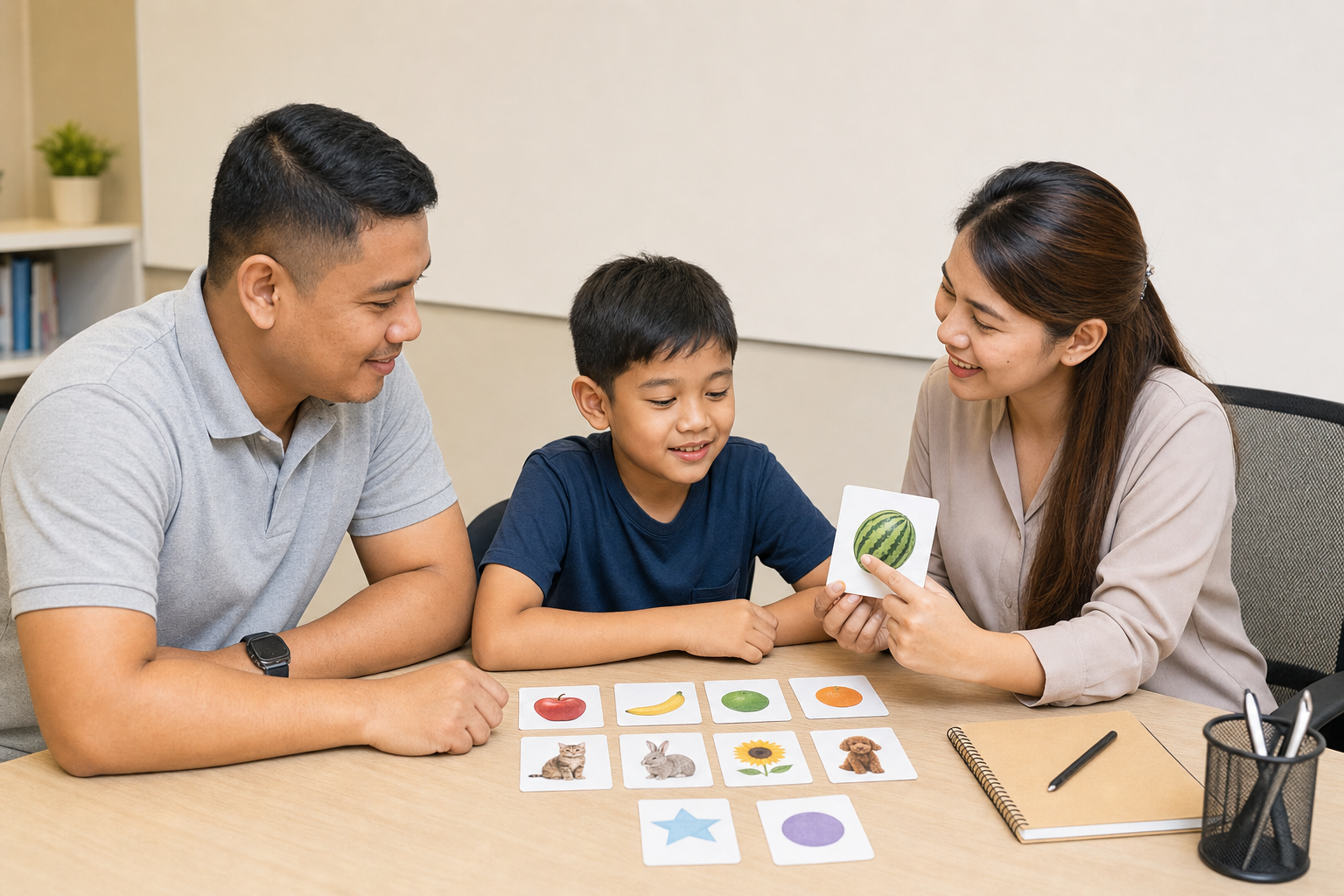 parent teacher and child reviewing memory card progress