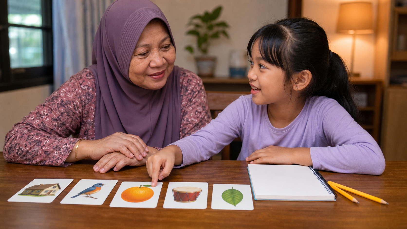Sharpen Your Memory: 7 Calm Habits for Malaysian Families 3 Malaysian grandmother and child using picture cards for memory explain-back