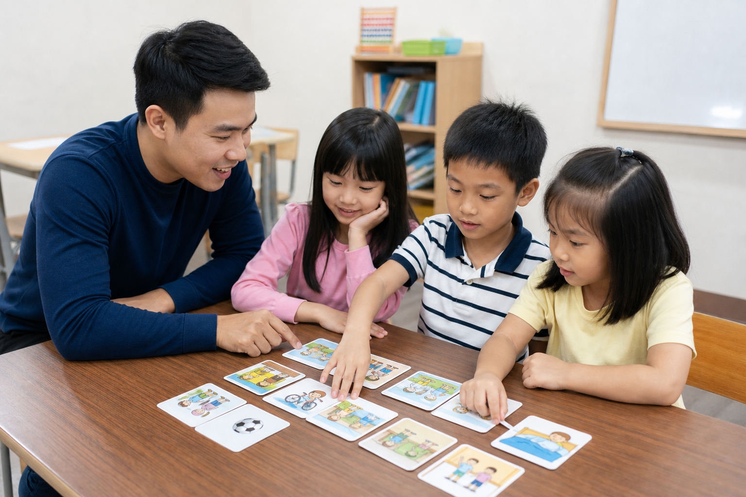 Strengthen Memory Exercises: 7 Warm Routines for Malaysian Families 2 Malaysian children arranging picture cards with a learning coach