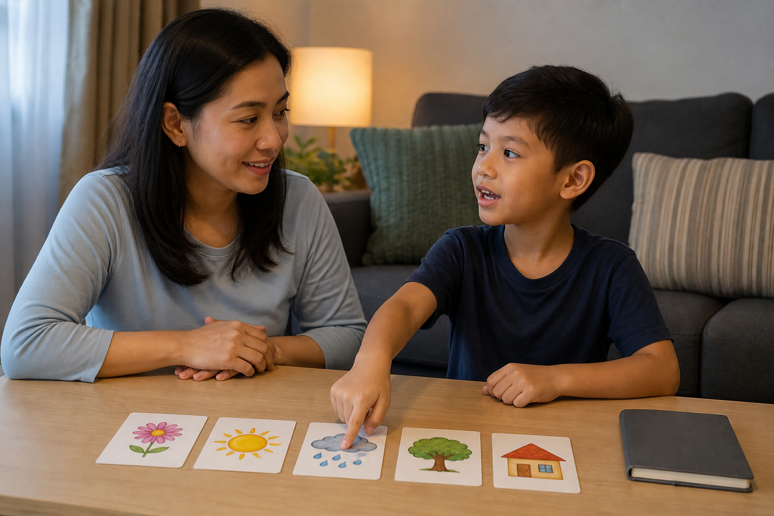 Strengthen Memory Exercises: 7 Warm Routines for Malaysian Families 3 child explaining picture card sequence to Malaysian parent