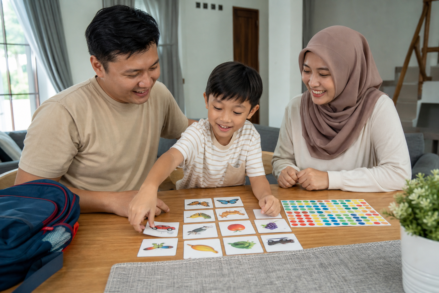 Strengthen Memory Exercises: 7 Warm Routines for Malaysian Families 4 Malaysian family reviewing picture card memory progress