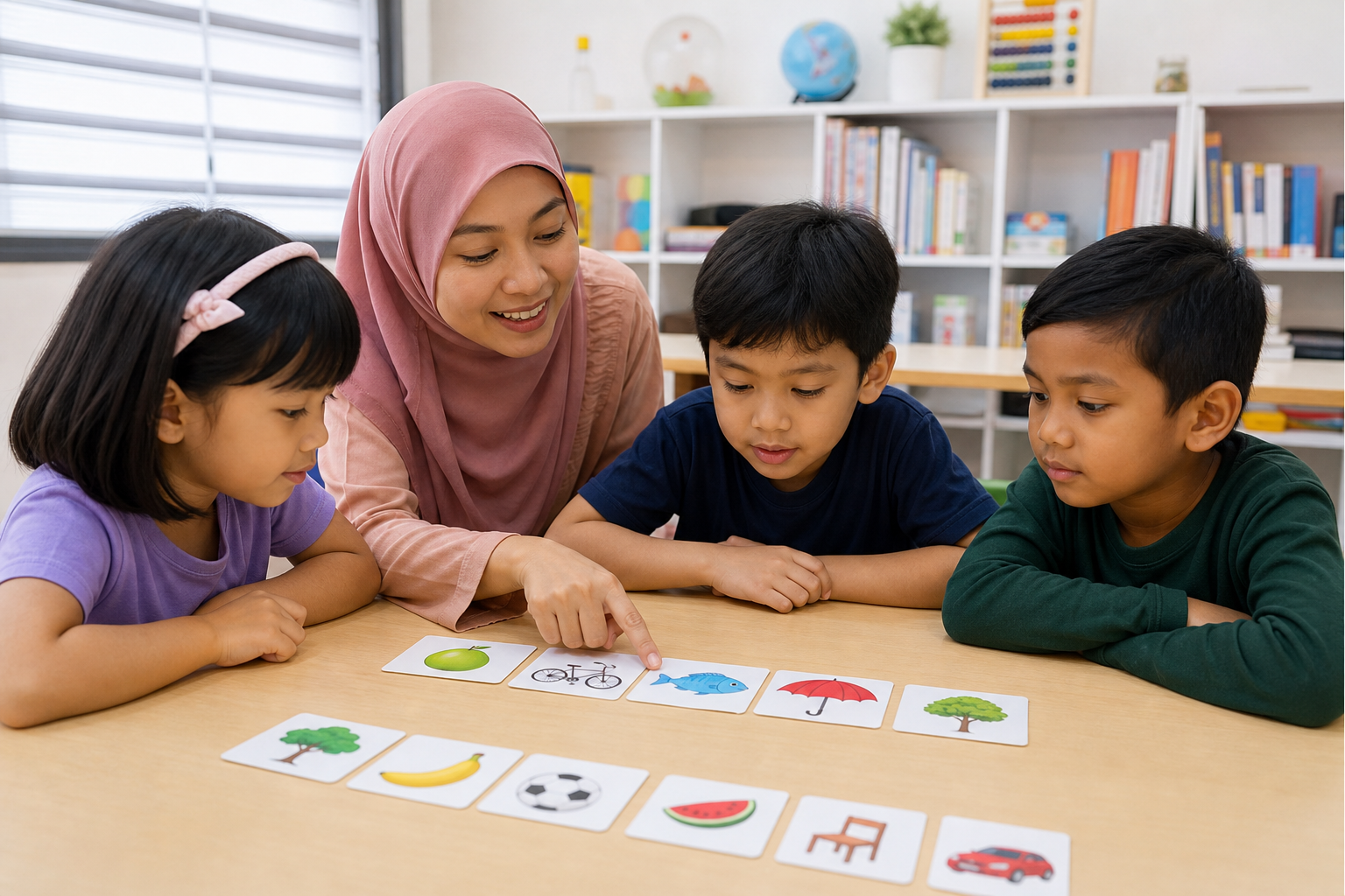 Malaysian children arranging picture cards for short term memory practice