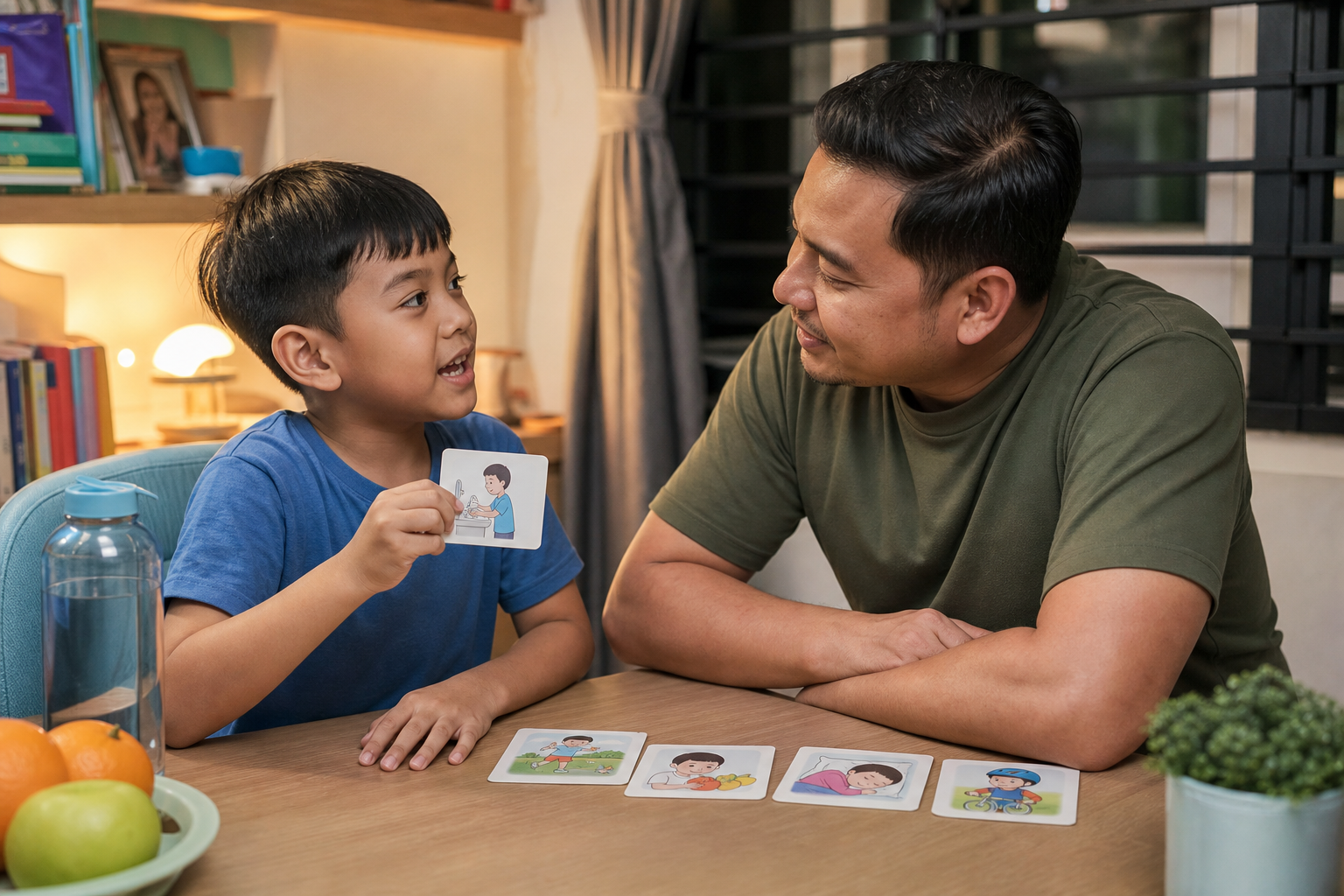 Malaysian father listening to child explain a picture memory card