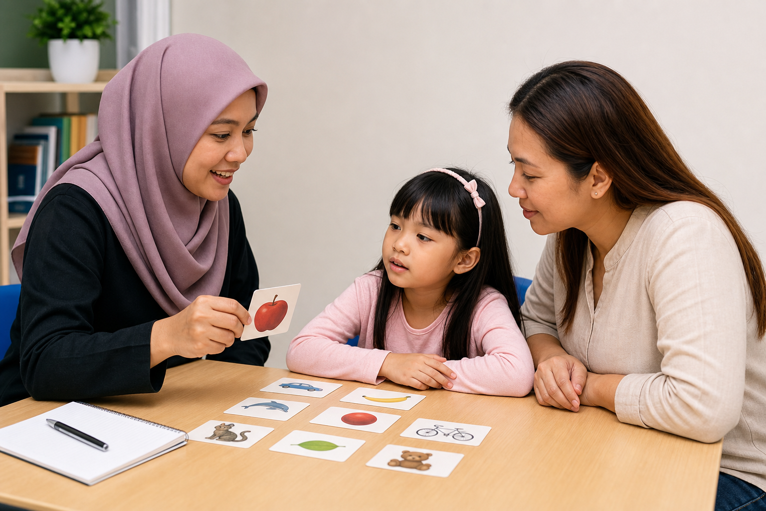 Malaysian learning coach reviewing short term memory picture cards with parent and child